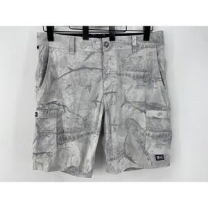 Pelagic Shorts Mens 36 Gray Fish Camo Cargo Quick Dry Fishing Stretch 10" Inseam